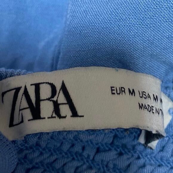 Zara Blue Linen Sleeveless Knot Smocked Cami Camisole Tank Romper Shorts Size M - Picture 3 of 4